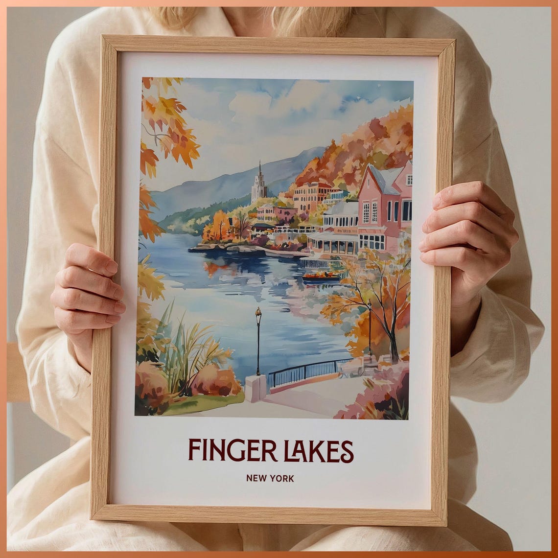 Finger Lakes Autumn Lake Town New York Watercolor Travel Poster