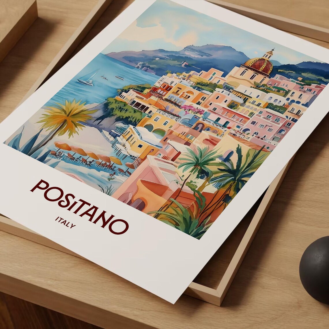 Positano Italy Cliffside Town Dome Church Sailboat Watercolor Travel Poster - Image 2