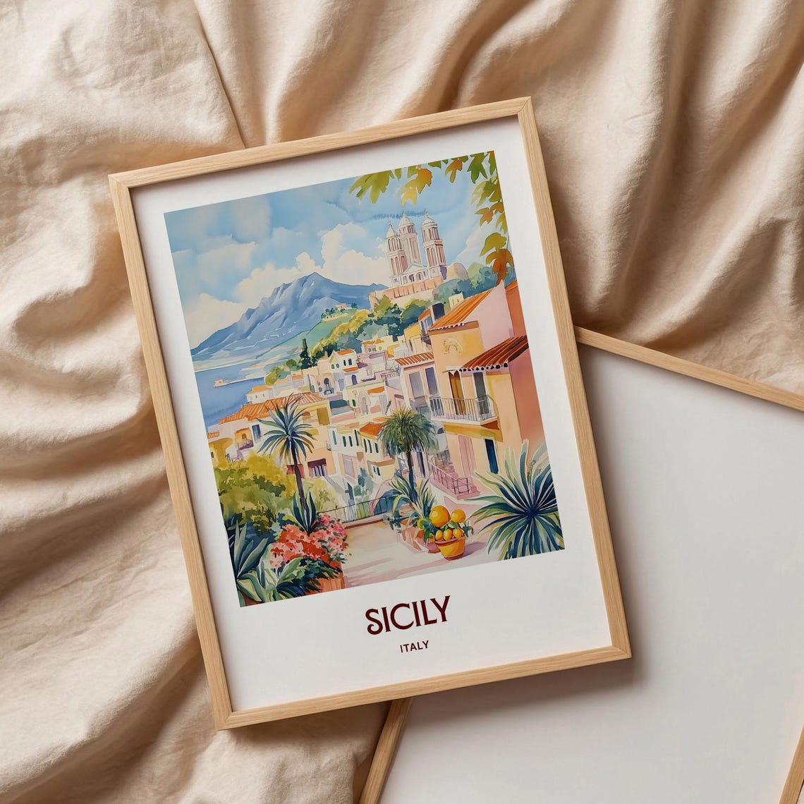 Sicily Italy Coastal Hillside Town Watercolor Poster Citrus View - Image 3
