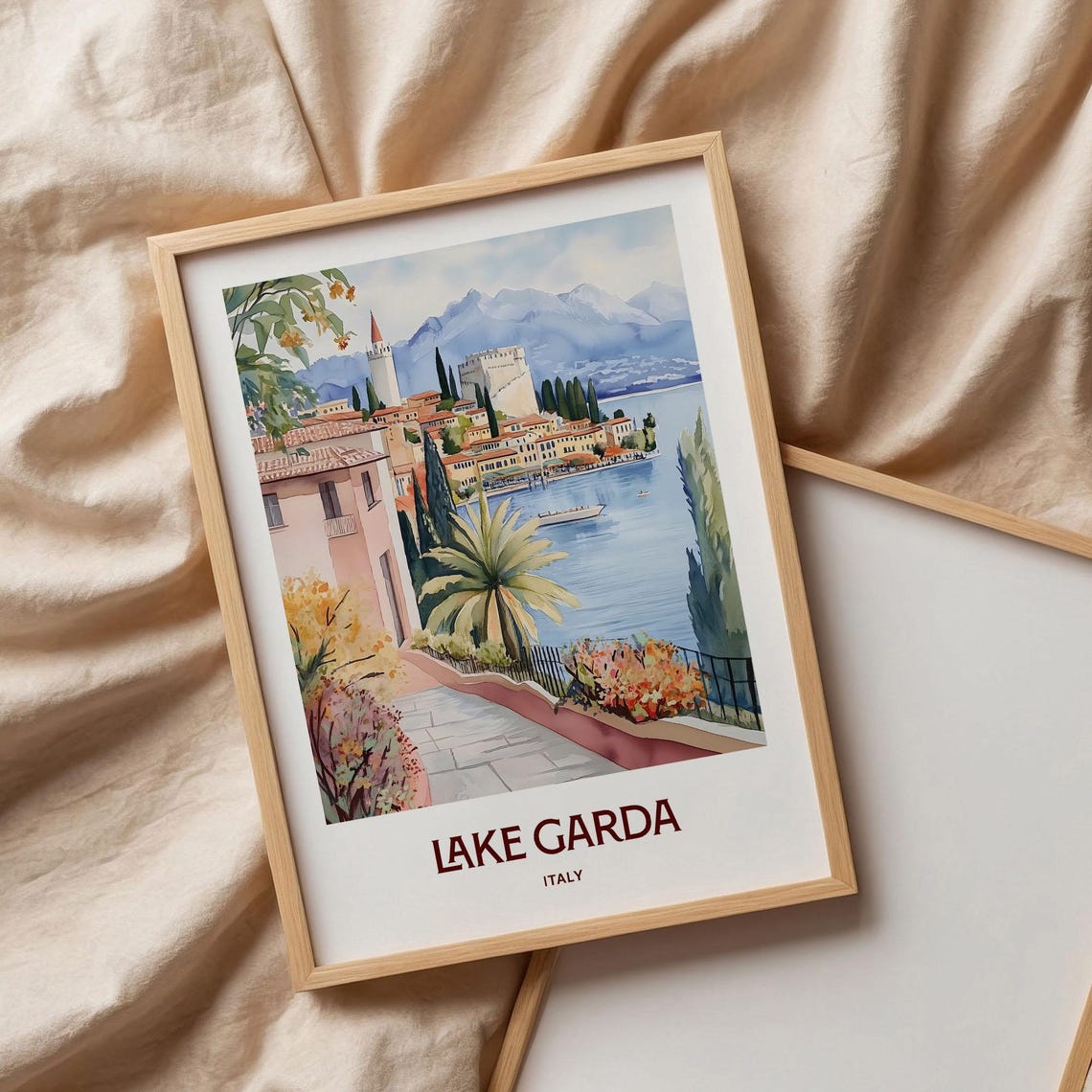 Lake Garda Italy Lakeside Village Mountain Watercolor Travel Poster - Image 3