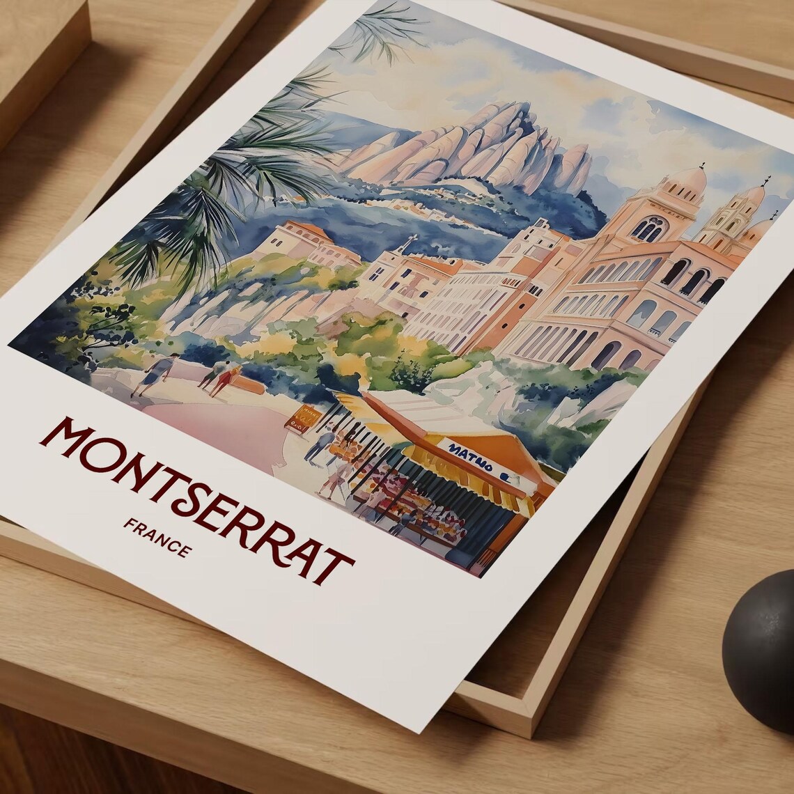 Montserrat France Watercolor Mountain Monastery Town Street Scene Poster - Image 2