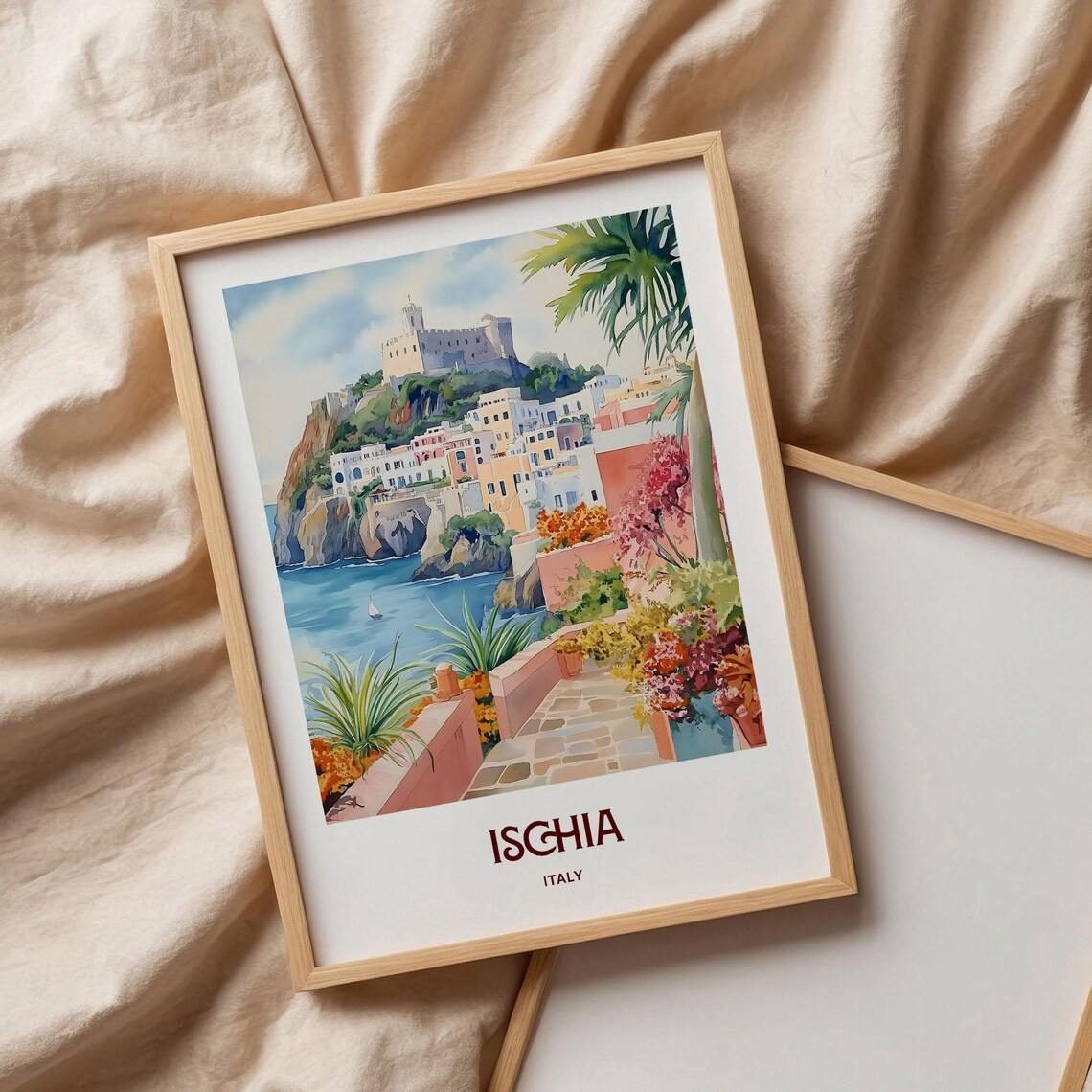 Ischia Italy Aragonese Castle Cliffside Watercolor Travel Poster - Image 3