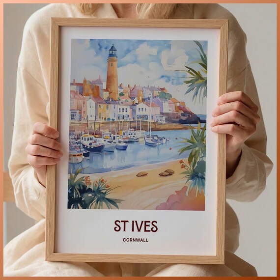 St Ives Harbour Cornwall Boats Watercolor Travel Poster England