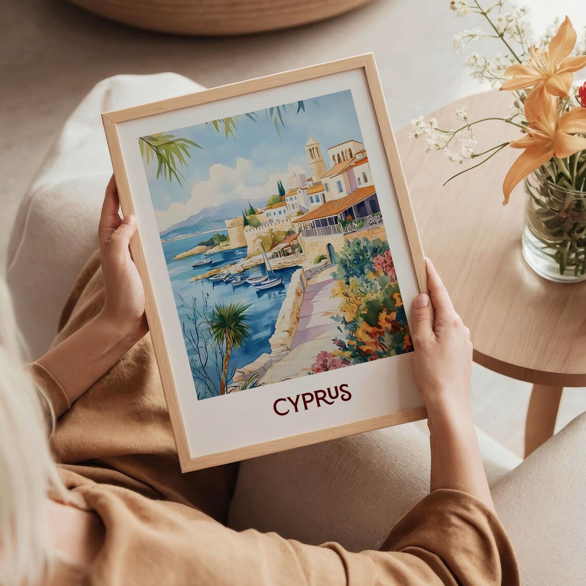 Cyprus Harbor Sailboats Whitewashed Town Watercolor Travel Poster - Image 5