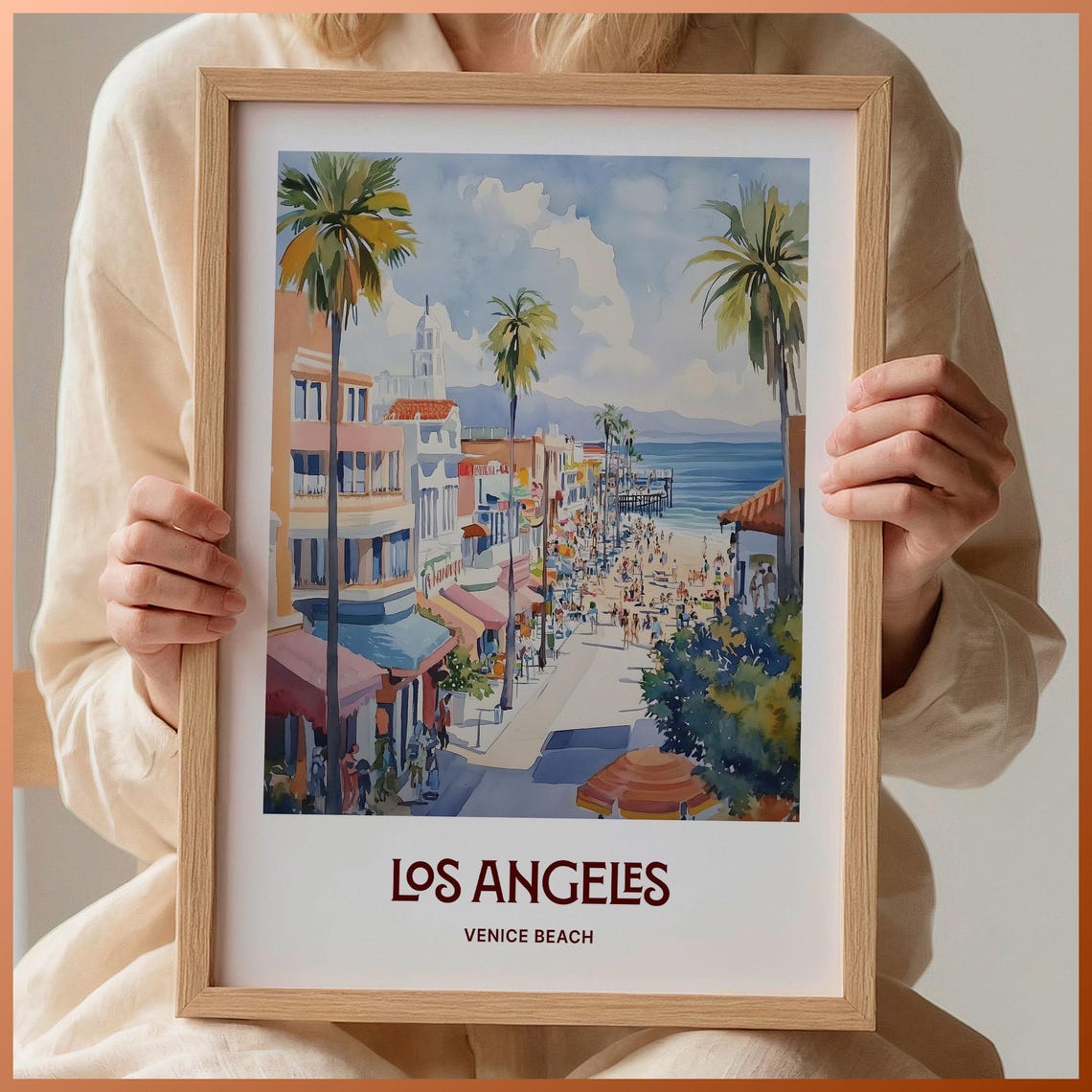 Los Angeles Venice Beach Watercolor Boardwalk Palms Ocean Scene Poster