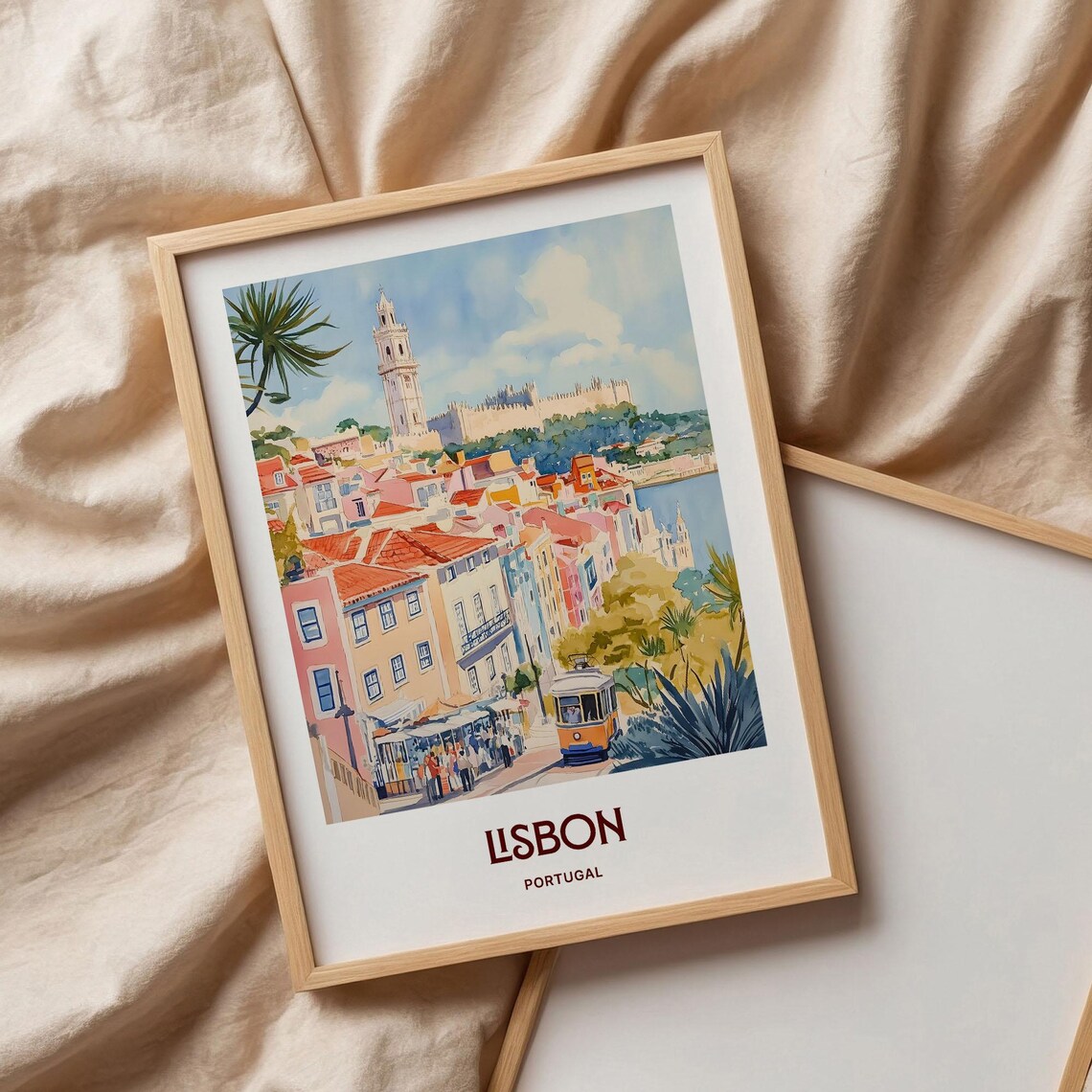 Lisbon Portugal Yellow Tram Alfama Street Watercolor Travel Poster - Image 3