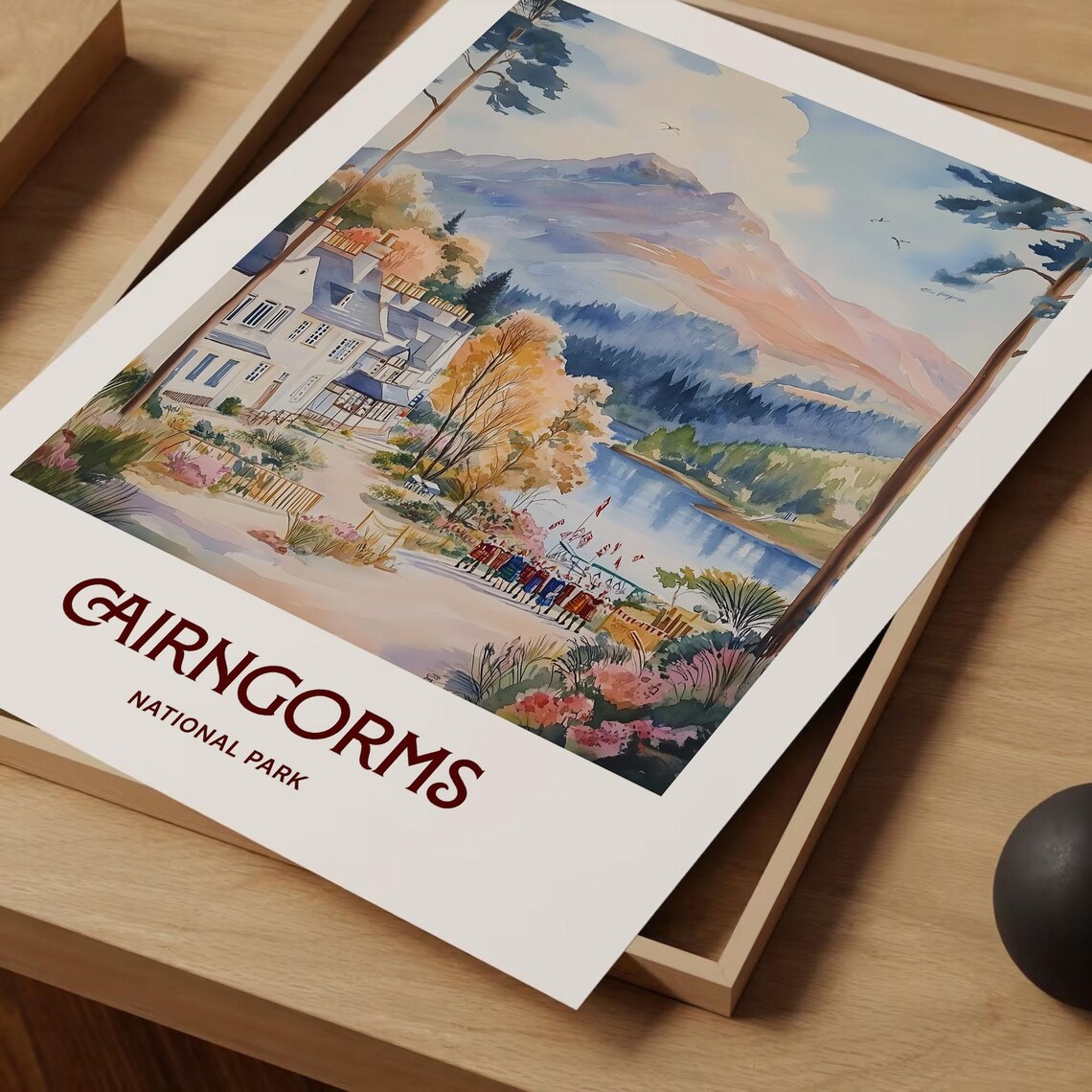Cairngorms National Park Watercolor Loch Mountains Village Scene Poster - Image 2