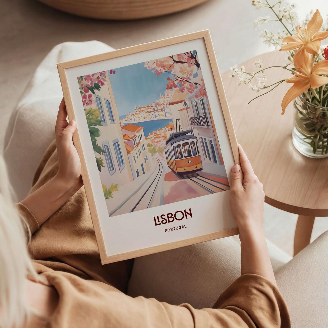 Lisbon Portugal Tram Hill Street Watercolor Travel Poster Gift - Image 5