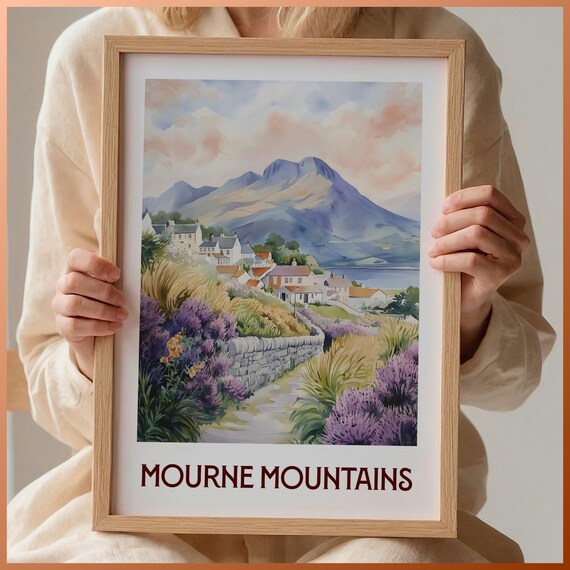 Mourne Mountains Village Heather Trail Watercolor Landscape Poster
