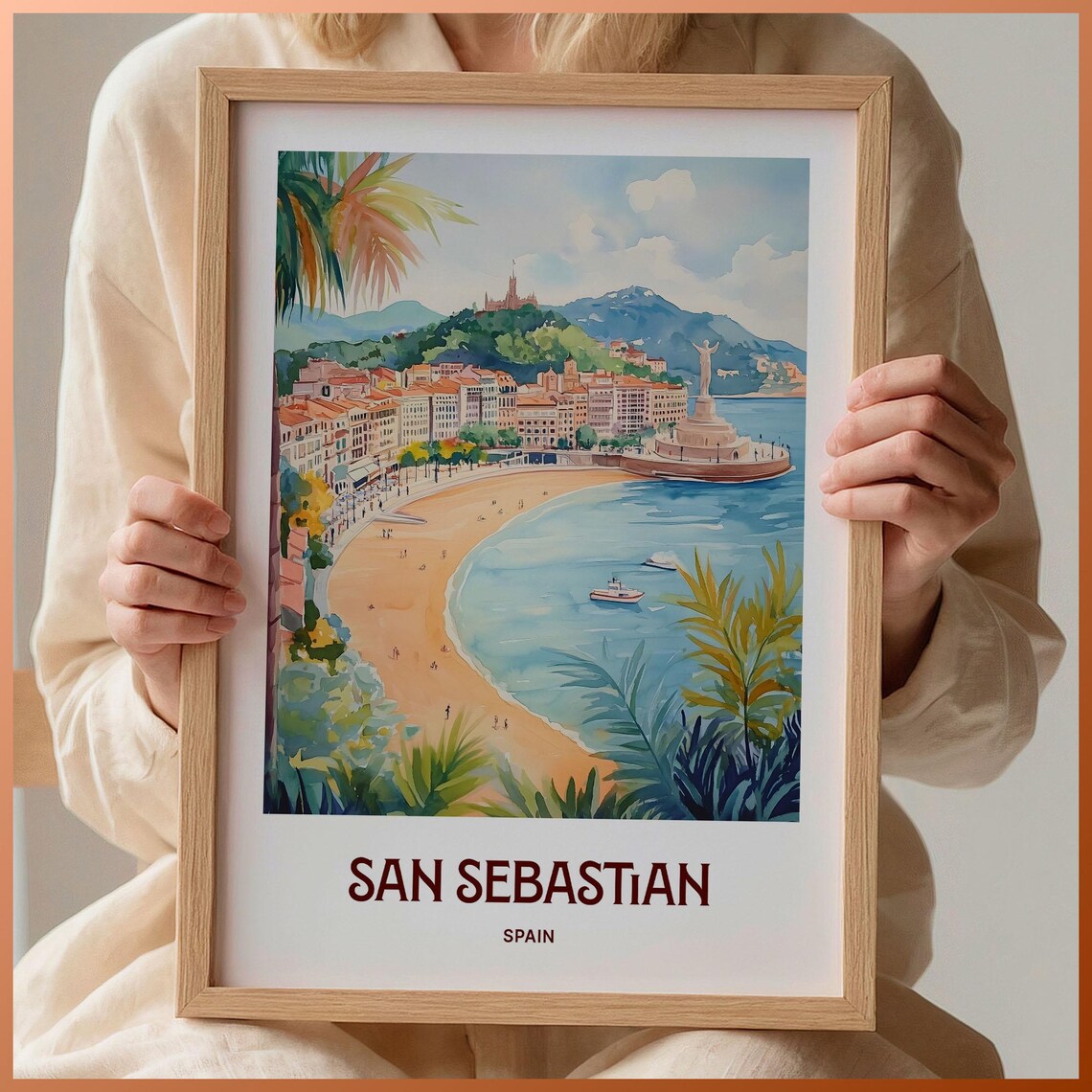 San Sebastian Spain La Concha Bay Beach Watercolor Travel Poster