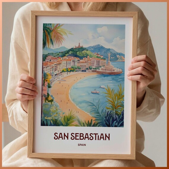 San Sebastian Spain La Concha Bay Beach Watercolor Travel Poster