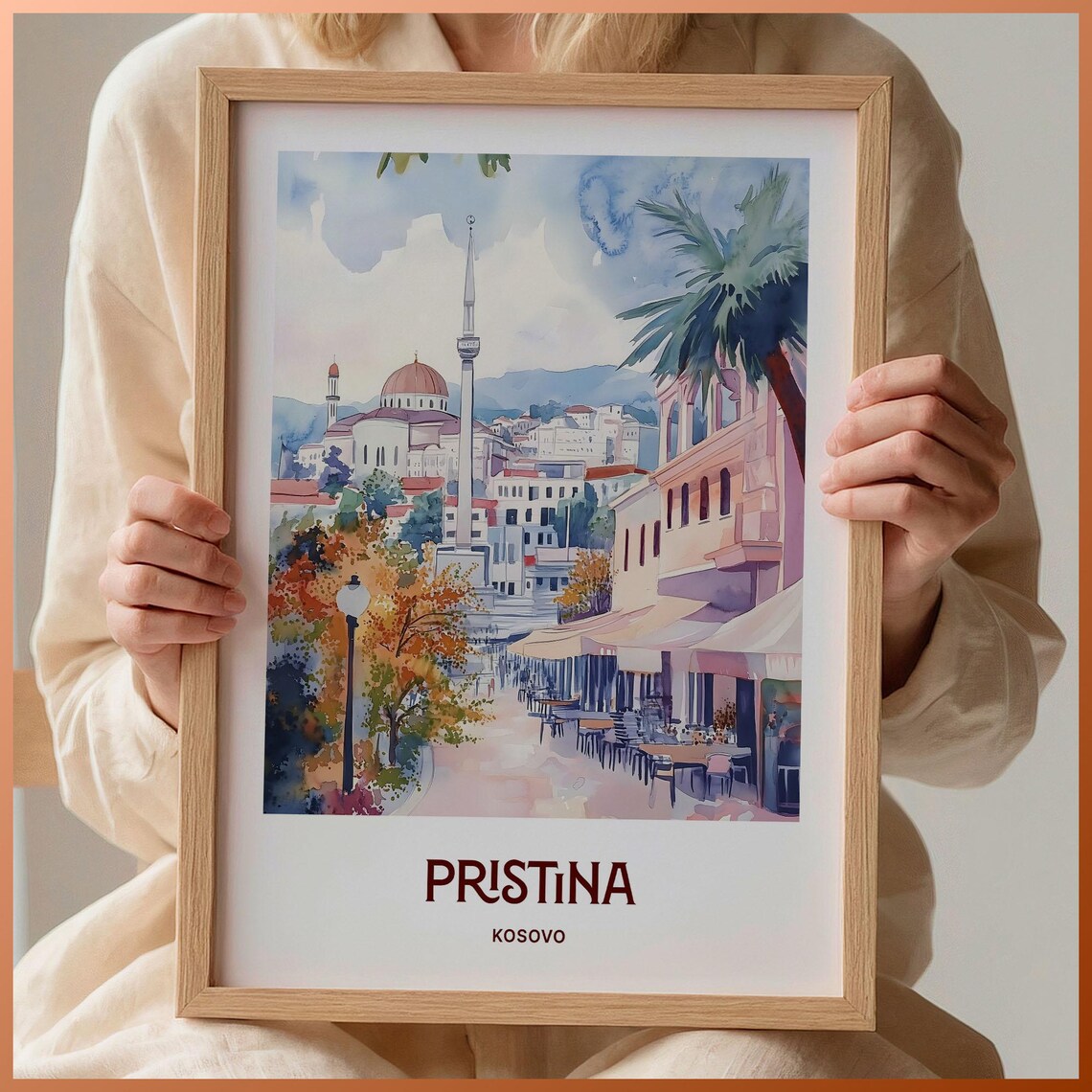 Pristina Kosovo Mosque Minaret Cafe Street Watercolor Travel Poster