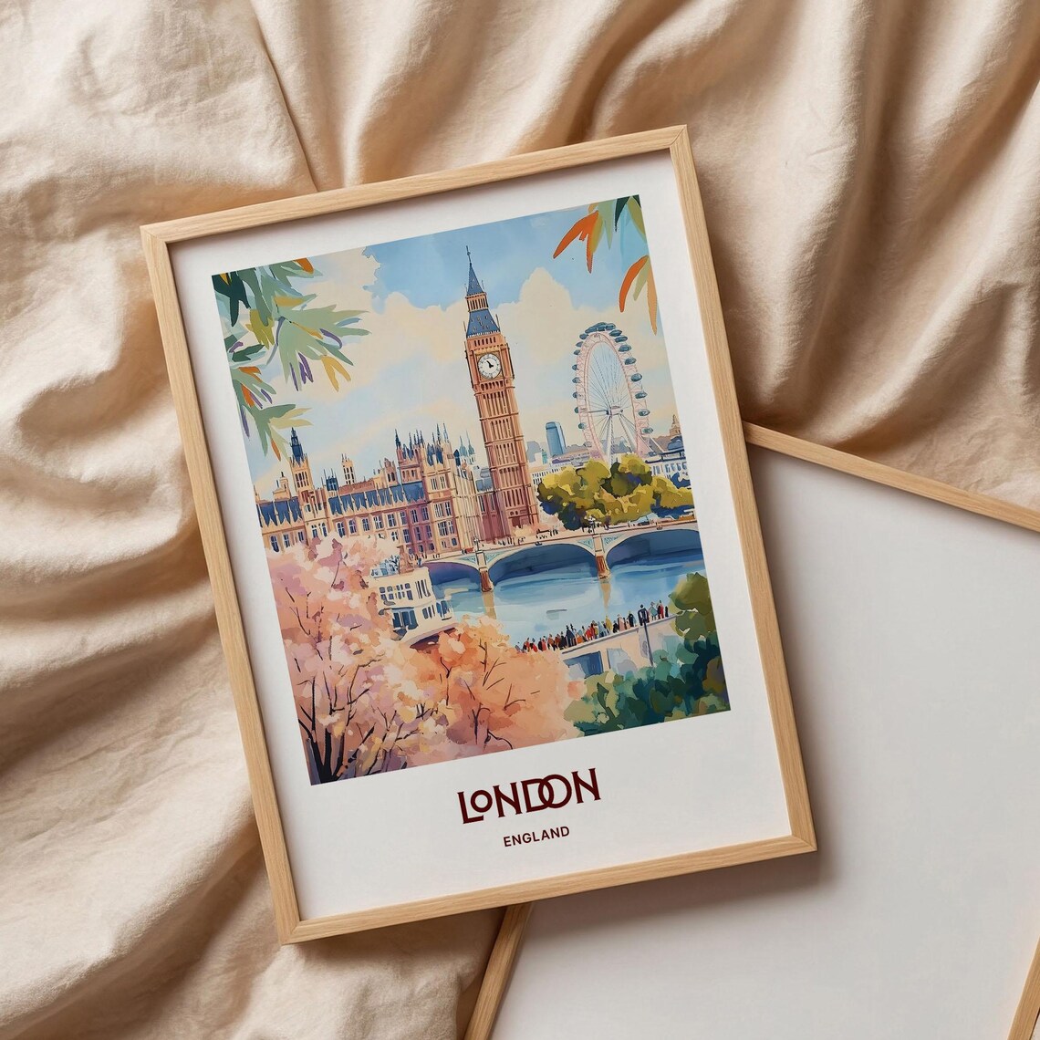 London England Big Ben London Eye Watercolor Travel Poster Gift - Image 3