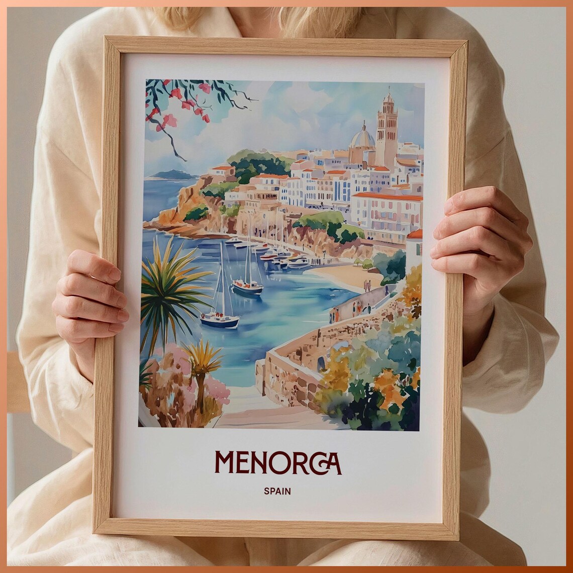 Menorca Spain Watercolor Harbor Sailboats Whitewashed Coastal Town Poster
