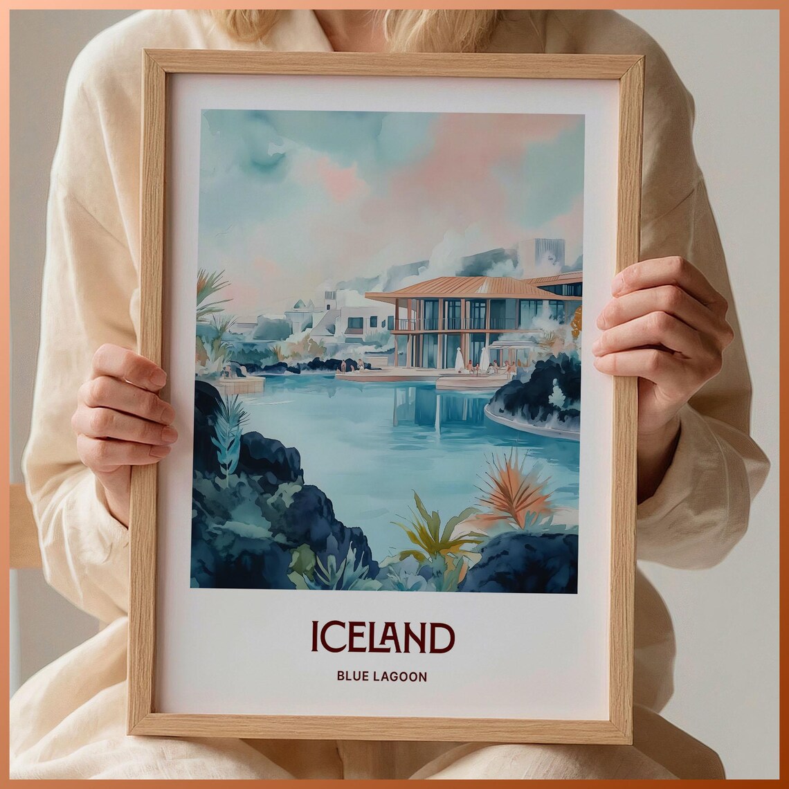 Iceland Blue Lagoon Geothermal Spa Lava Rocks Watercolor Travel Poster