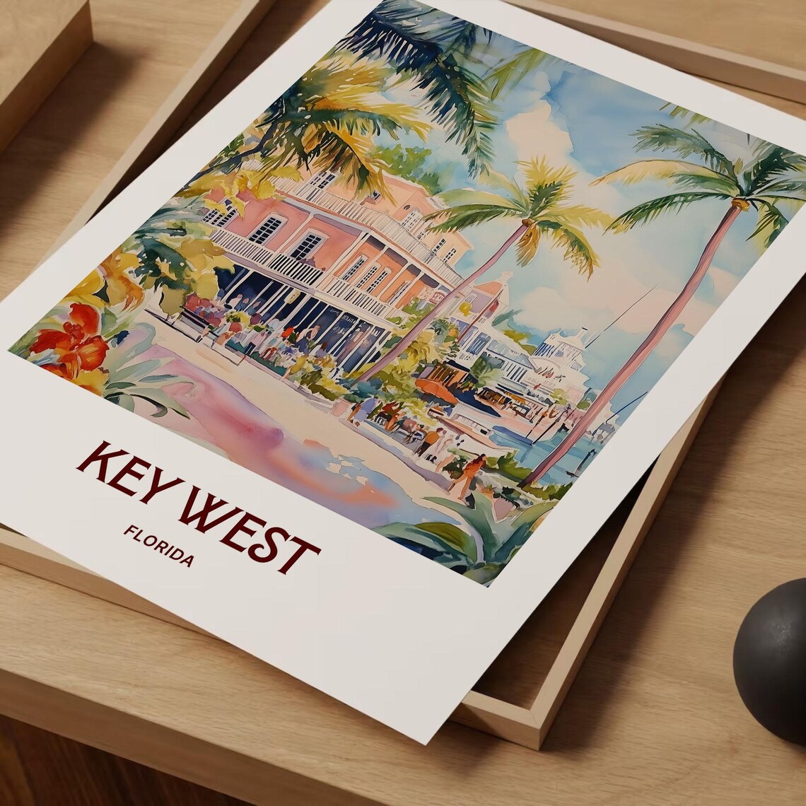 Key West Florida Palm Street Waterfront Watercolor Travel Poster - Image 2