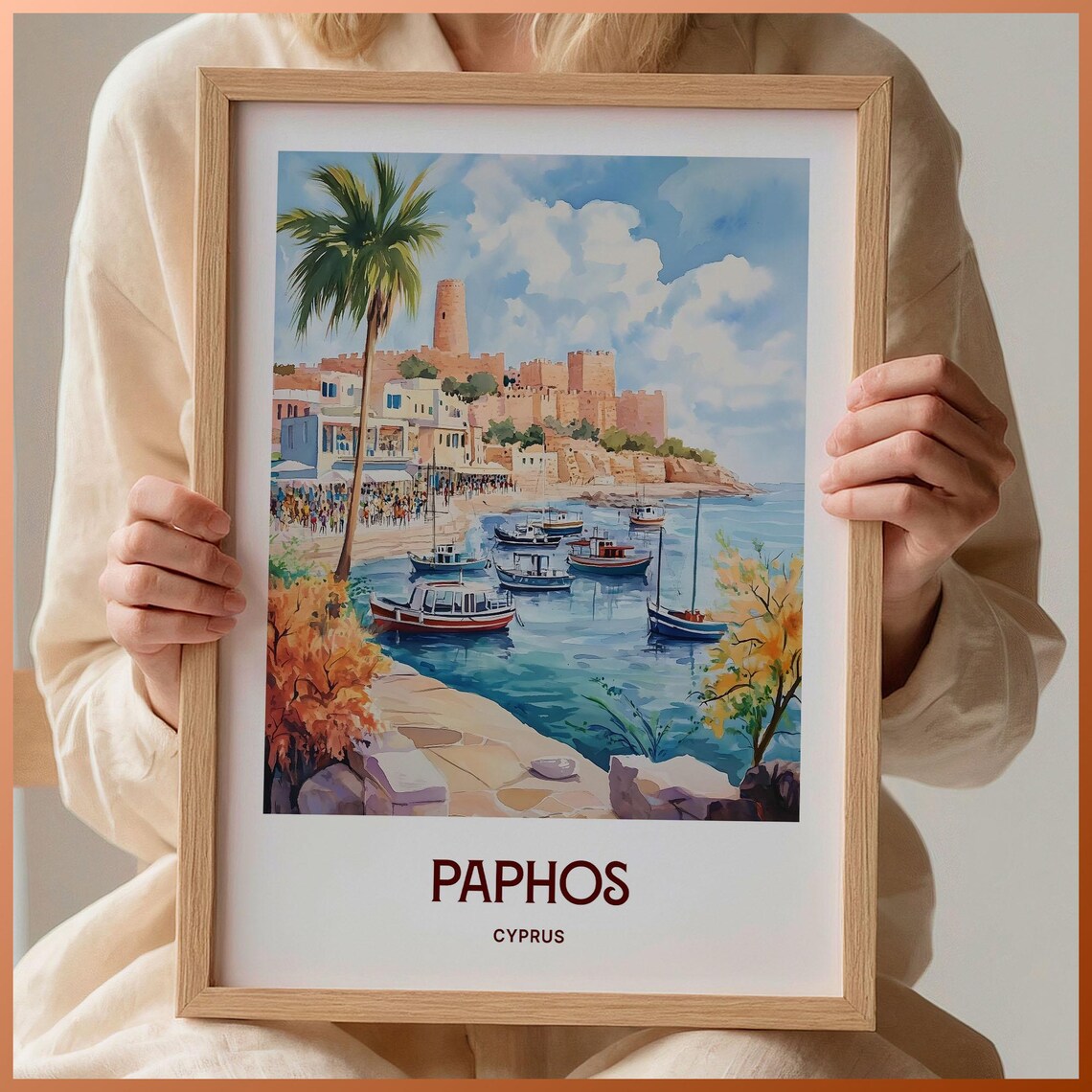 Paphos Cyprus Harbor Boats Castle Palm Watercolor Travel Poster