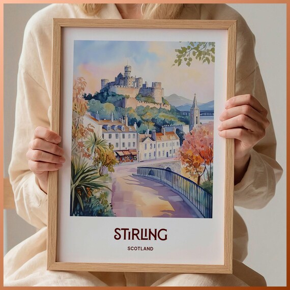 Stirling Scotland Watercolor Castle Hill Historic Town Travel Poster