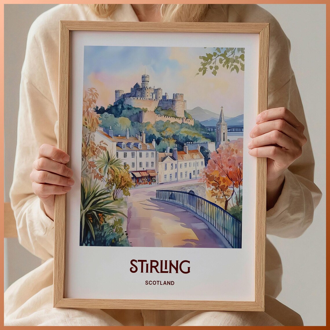 Stirling Scotland Watercolor Castle Hill Historic Town Travel Poster