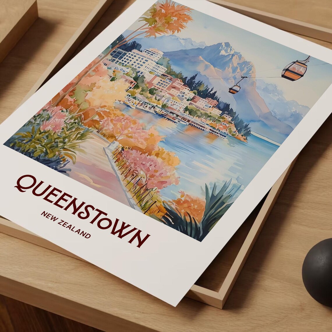 Queenstown New Zealand Gondola Lake Watercolor Travel Poster - Image 2