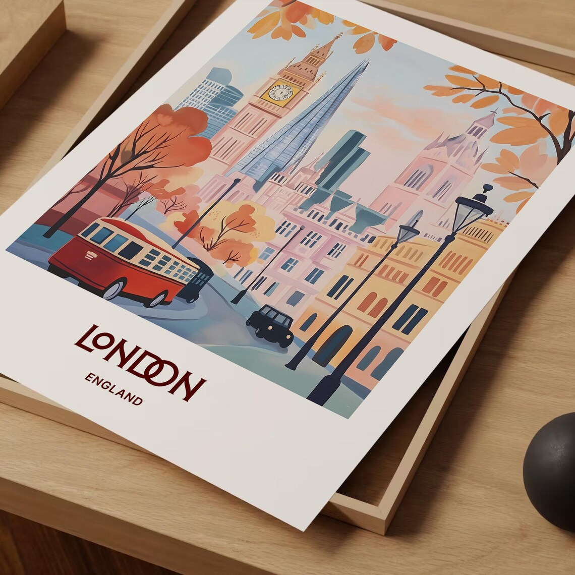 London England Autumn Street Big Ben Bus Skyline Travel Art Poster - Image 2