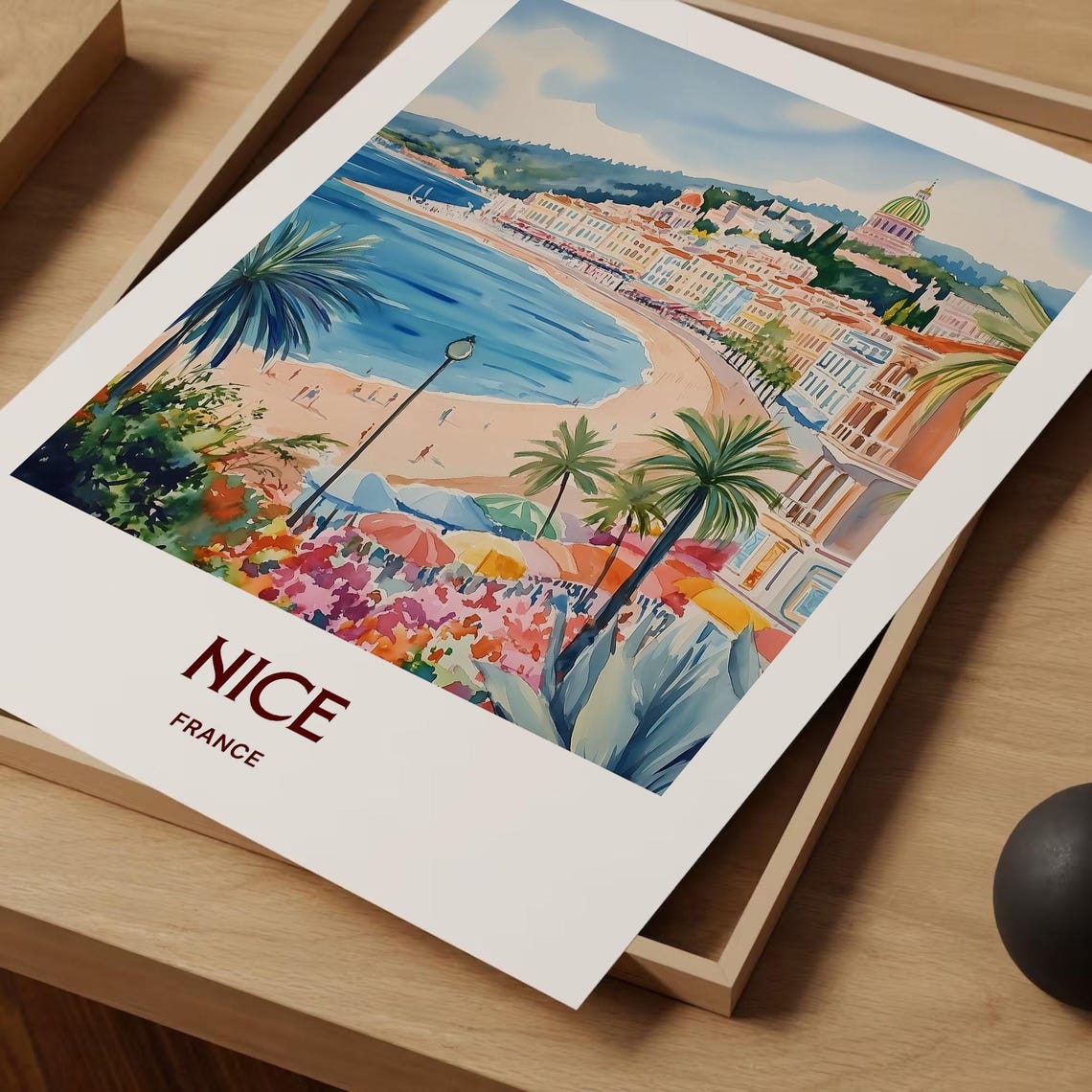 Nice France Baie des Anges Beach Palms Watercolor Travel Poster - Image 2