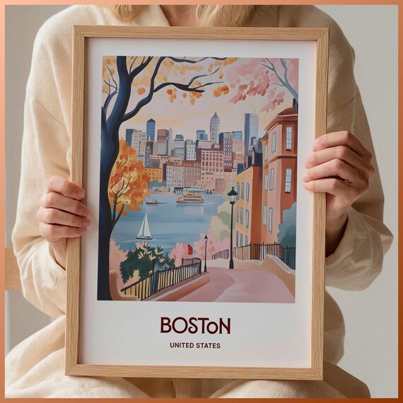 Boston United States Pastel Harbor Skyline Autumn Scene Poster
