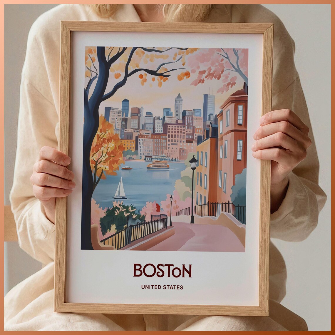Boston United States Pastel Harbor Skyline Autumn Scene Poster
