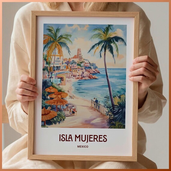 Isla Mujeres Mexico Caribbean Beach Palms Watercolor Travel Poster