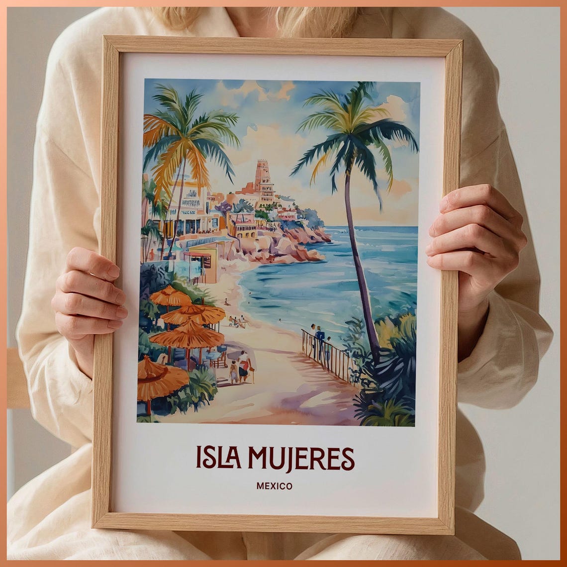 Isla Mujeres Mexico Caribbean Beach Palms Watercolor Travel Poster