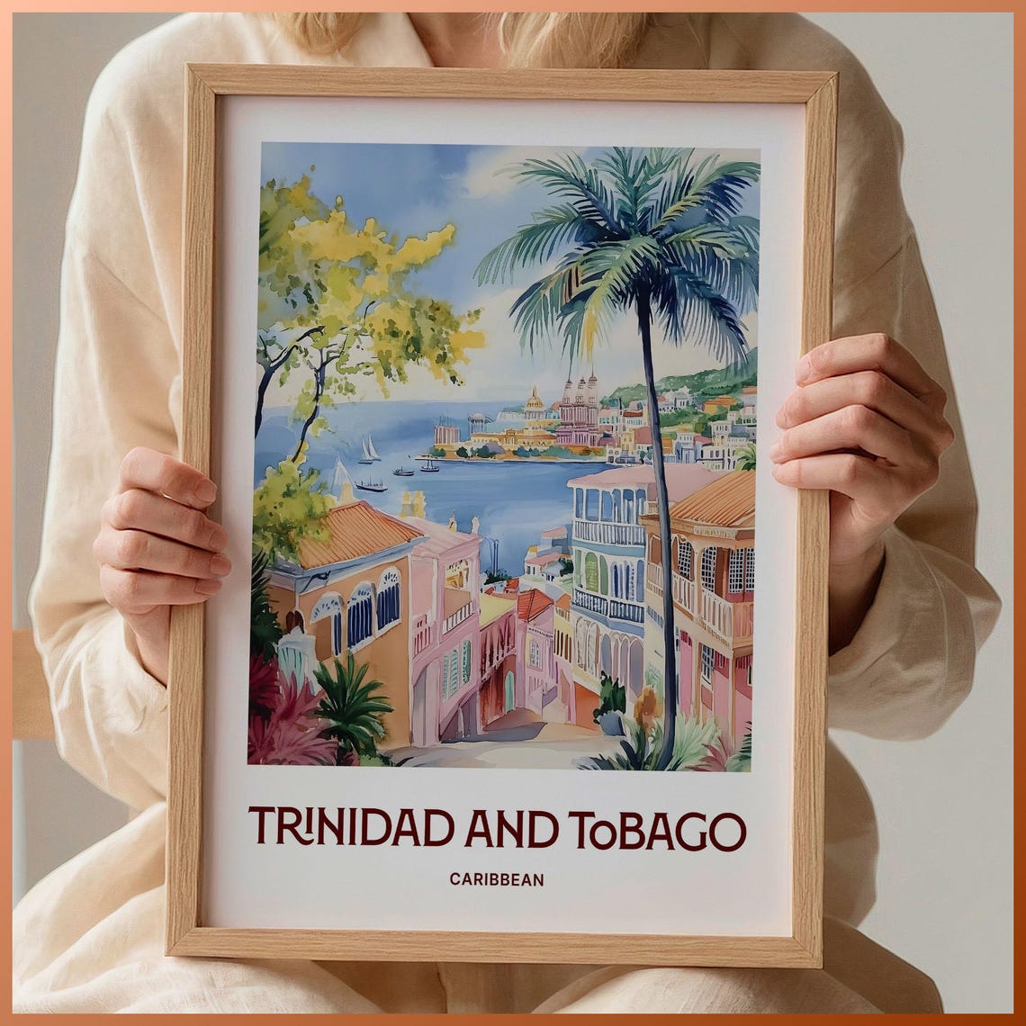 Trinidad and Tobago Caribbean Pastel Watercolor Harbor Poster