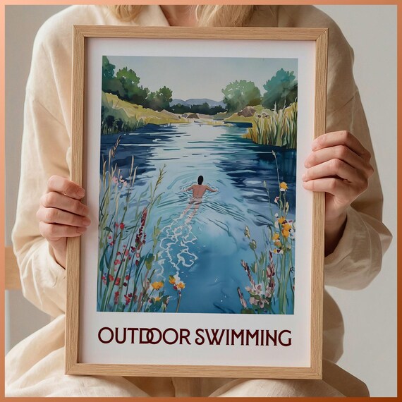 Outdoor Swimming Wildflower Blue River Scene Watercolor Poster