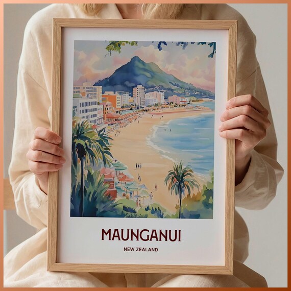 Maunganui New Zealand Beach Mount Maunganui Watercolor Travel Poster
