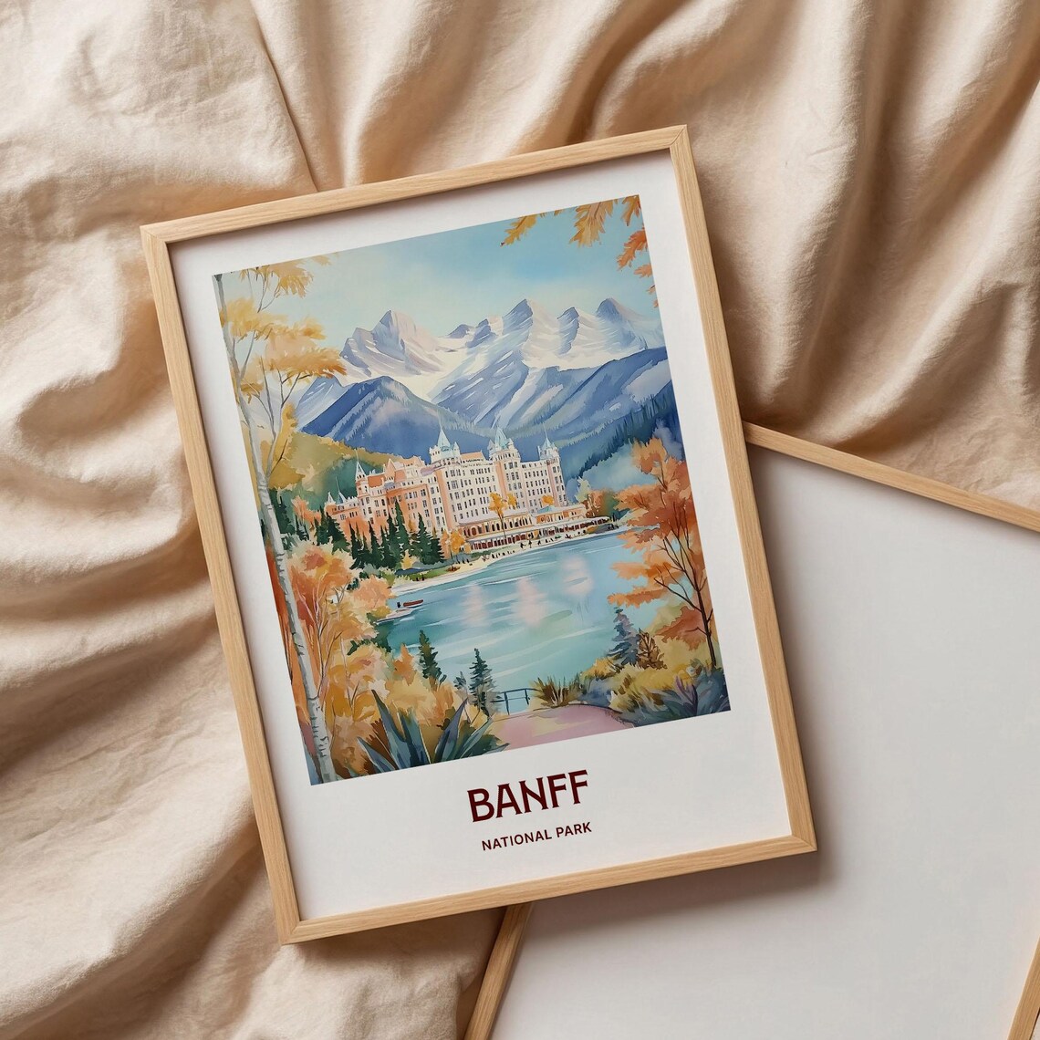 Banff National Park Lake Hotel Mountains Watercolor Travel Poster - Image 3