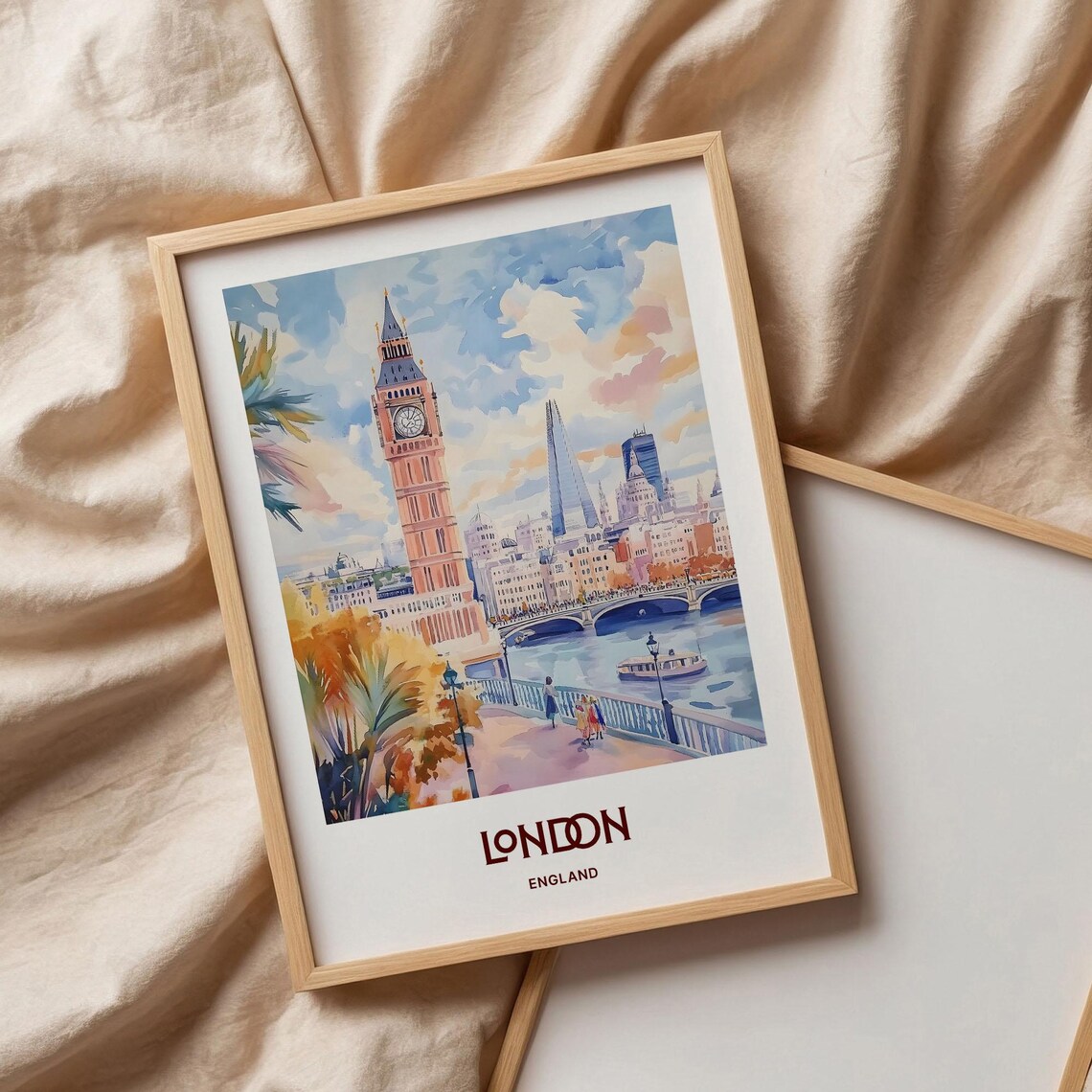London England Big Ben Thames Riverside Pastel Watercolor City Poster - Image 3