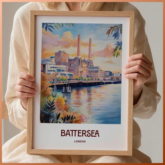 Battersea London Power Station River Watercolor City Travel Poster