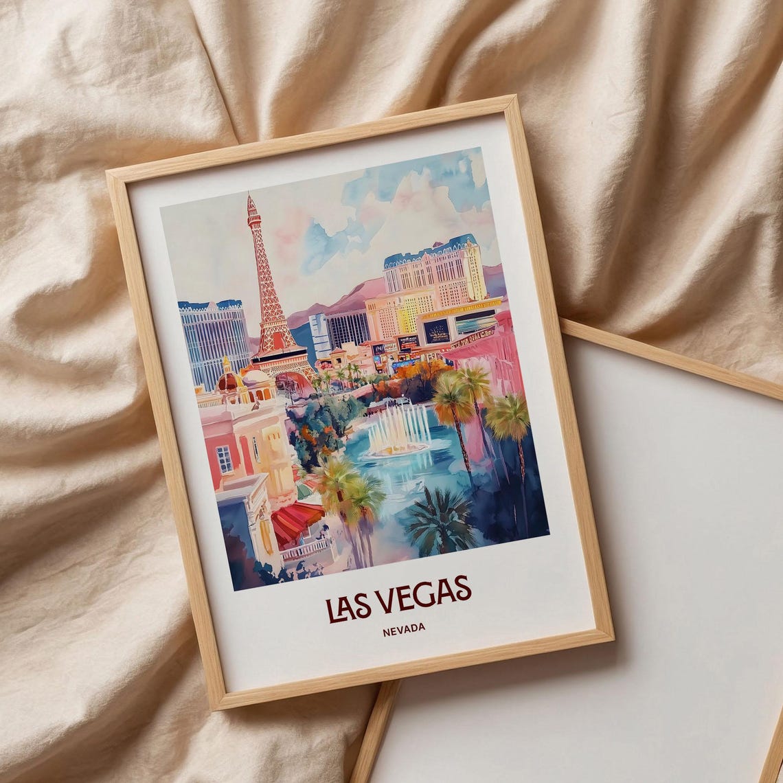 Las Vegas Nevada Strip Skyline Watercolor Poster Fountain Show - Image 3