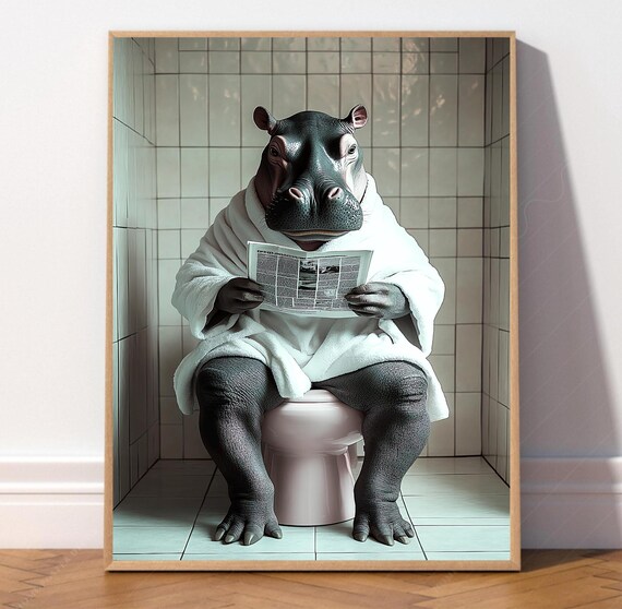 Hippo On The Toilet With Newspaper Funny Bahtroom Art Hippopotamus Black Prints Housewarming Gift Trendy Print