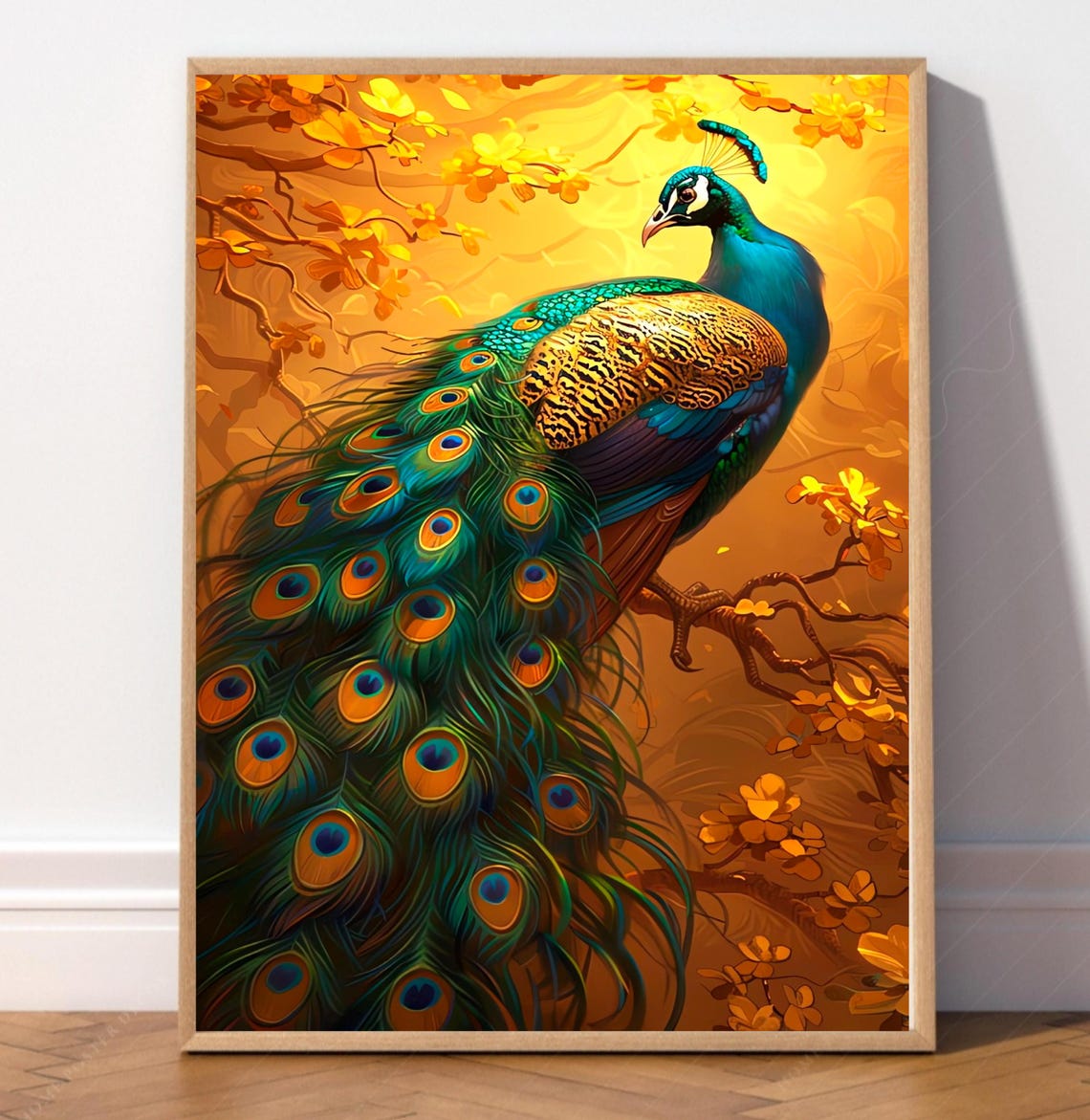Golden Peacock Perched On Blossom Branch Elegant Luxury Bird Poster