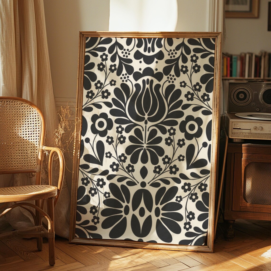 Scandinavian Folk Floral Damask Black Beige Vintage Wall Art