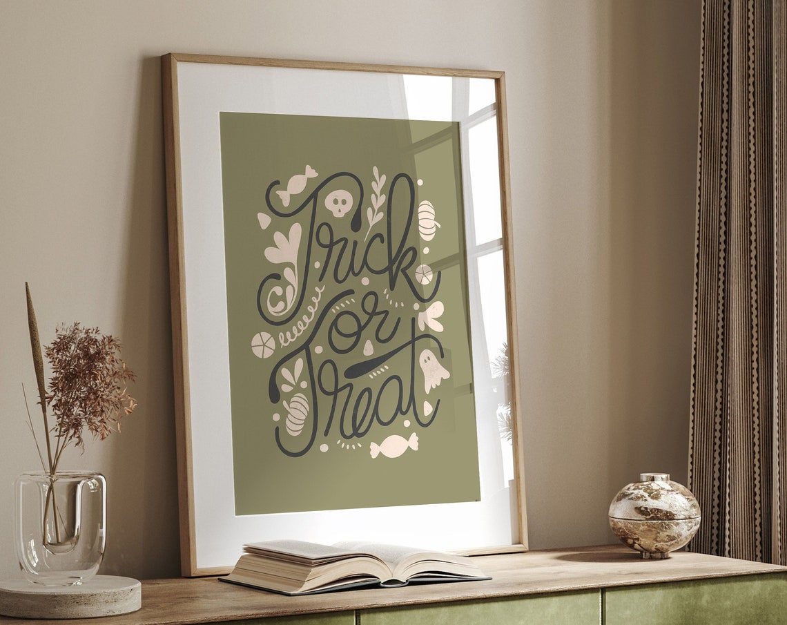 Trick or Treat Hand Lettered Script on Olive Green Halloween Poster