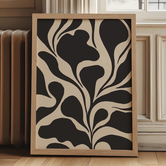 Large Abstract Botanical Print Black And Beige Modern Art For Moody Living Rooms Wall Art For Dark Aesthetic Decor 1403