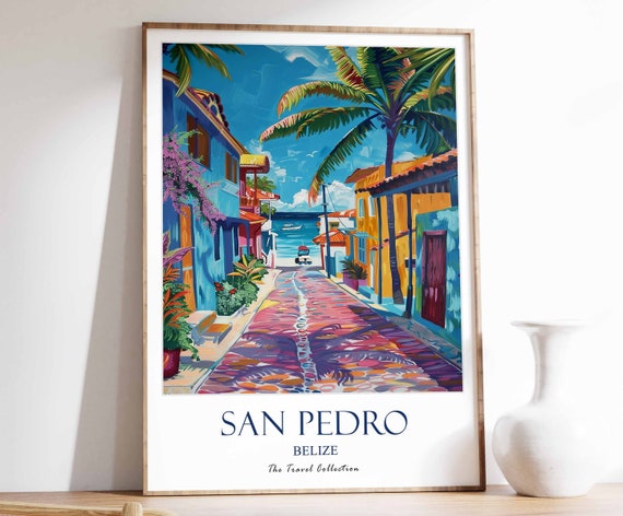 San Pedro Print Travel Poster Belize Wall Art Caribbean Tropical Decor Floral Gift