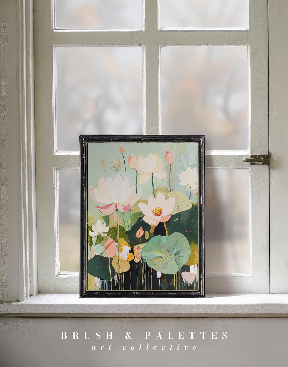 Soft White And Pink Lotus Flowers On Sage Green Abstract Floral Poster - Image 3