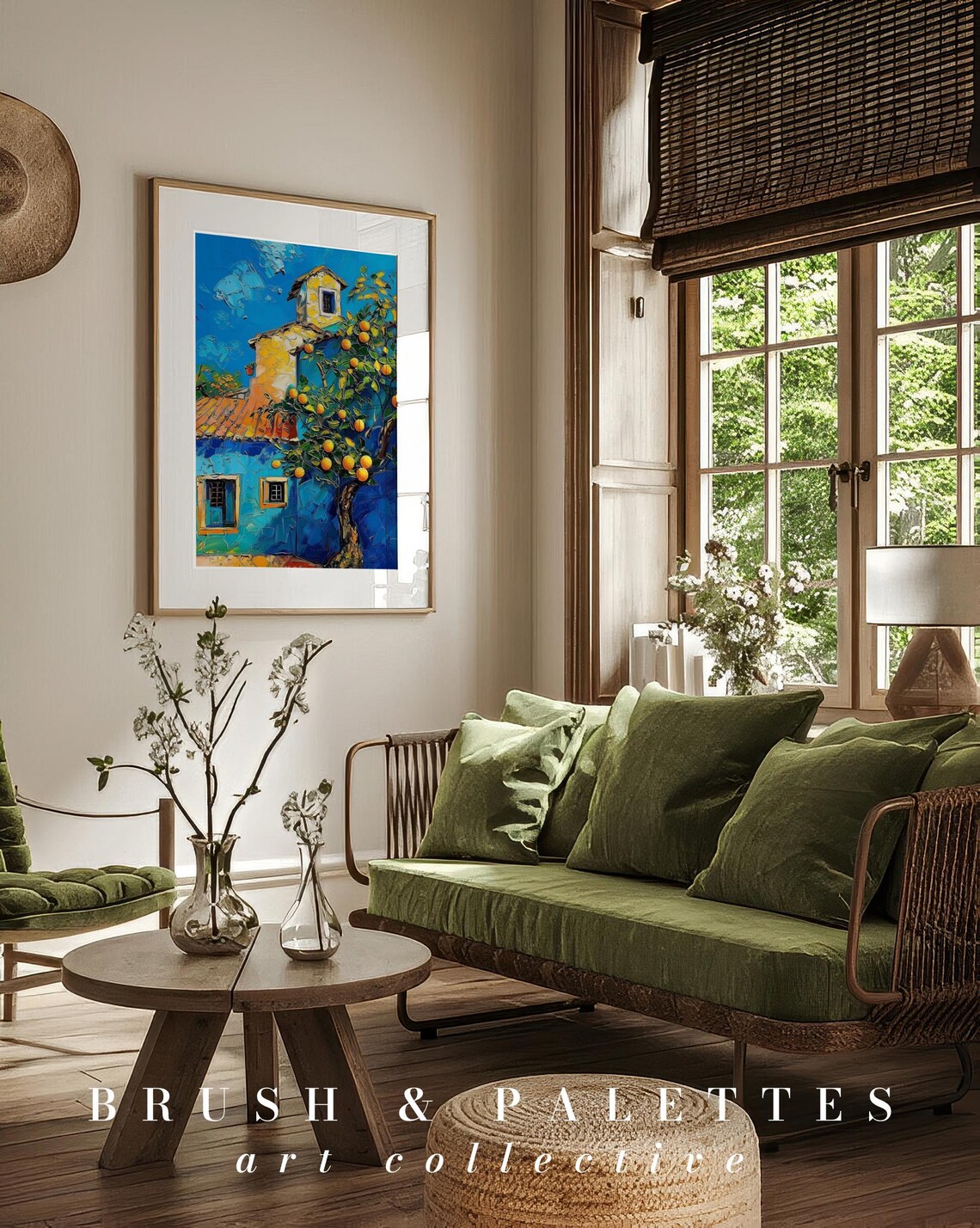Blue House Orange Tree Impasto Mediterranean Village Painting Poster - Image 3