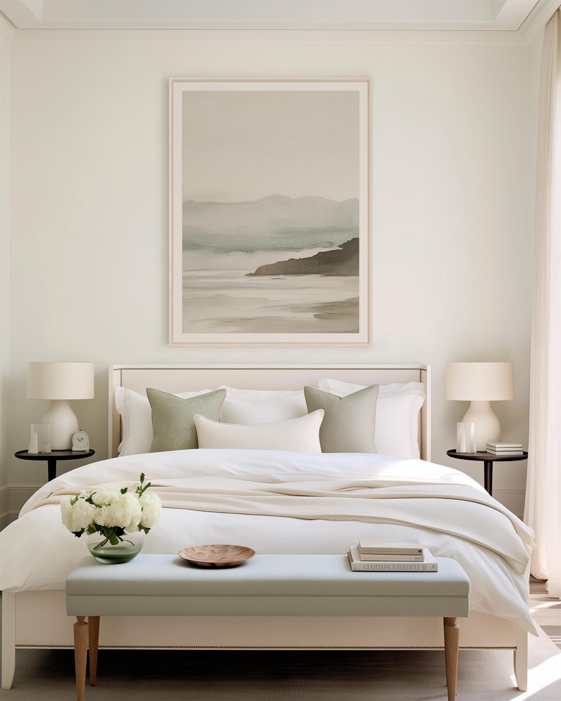 Misty Coastal Watercolor Seaside Landscape Neutral Tones Wall Art - Image 2