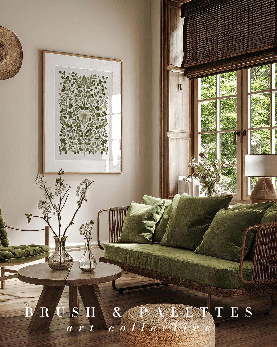 Hand Drawn Green Botanical Floral Symmetric Wall Decor Art Print - Image 3