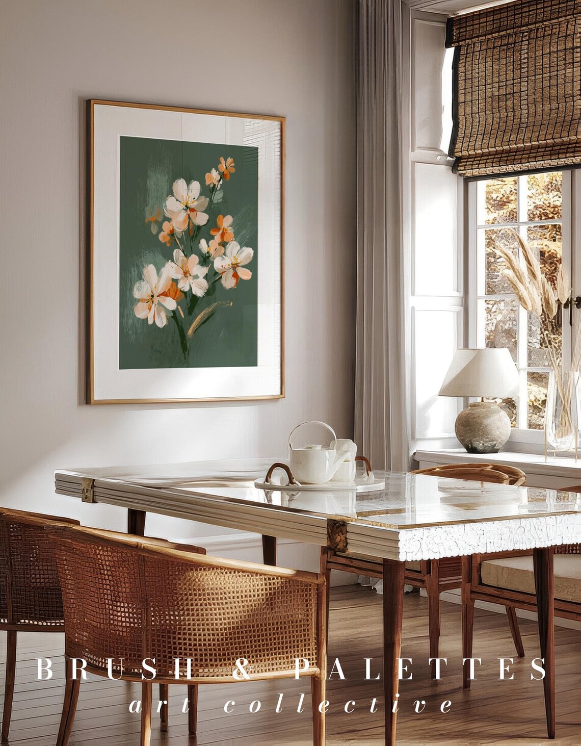 White Peach Blossom Branch Dark Green Background Floral Poster - Image 3