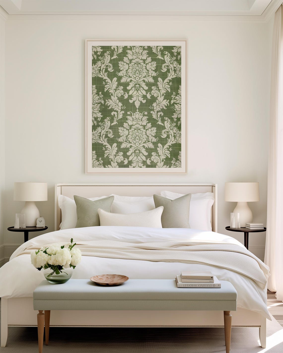 Antique Green And White Damask Tapestry Pattern Vintage Print - Image 2