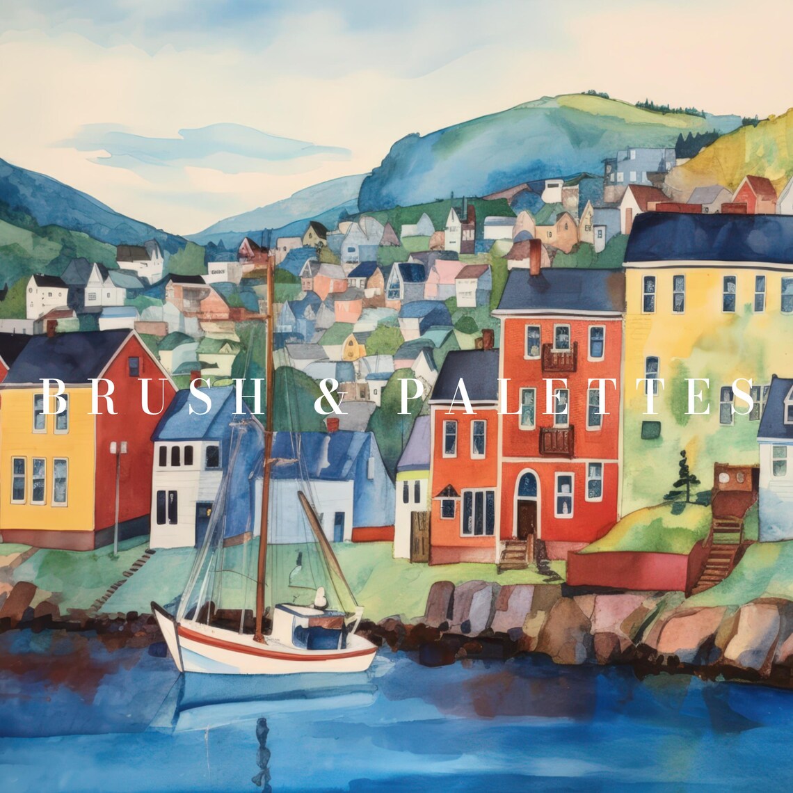 Colorful Harbor Village Houses Fishing Boats Waterfront Art Print - Image 3